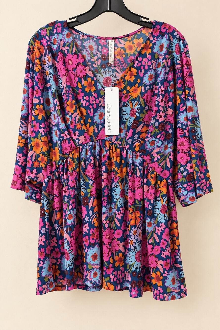 Dear Scarlett Womens M Floral Babydoll Peplum Blouse V Neck 3/4 Bell Sleeve NWOT